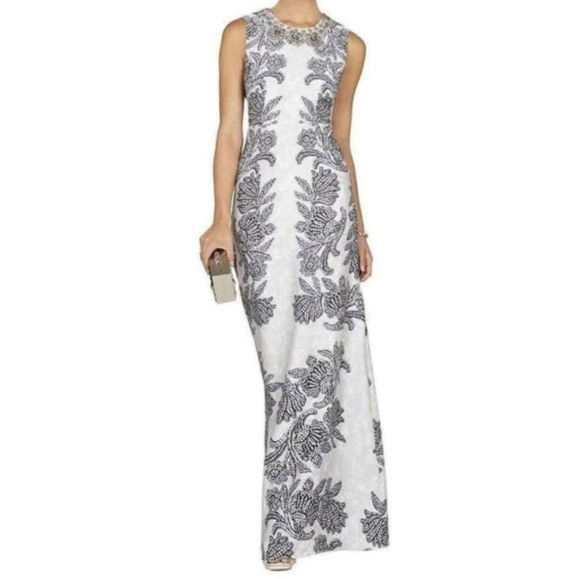 BCBGMAXAZRIA Chloey Sleeveless Printed Rhinestone Gown Embellished Collar Size 4 - Picture 1 of 15
